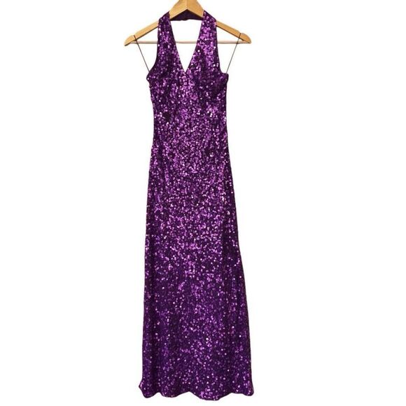 Cache Purple Sequined Halter Dress Stretch Bodycon Fully Lined size 4 - Picture 1 of 15